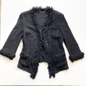 St. John Black Fringe Blazer Jacket Knit Shaggy Pockets Hook Eye Shoulder Pad 12
